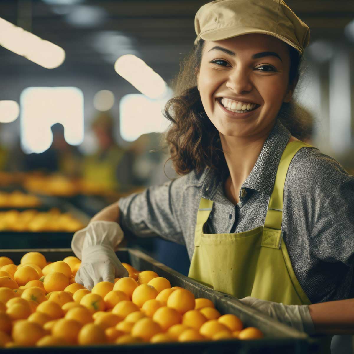 Smiling woman worker sorting orange in factory
