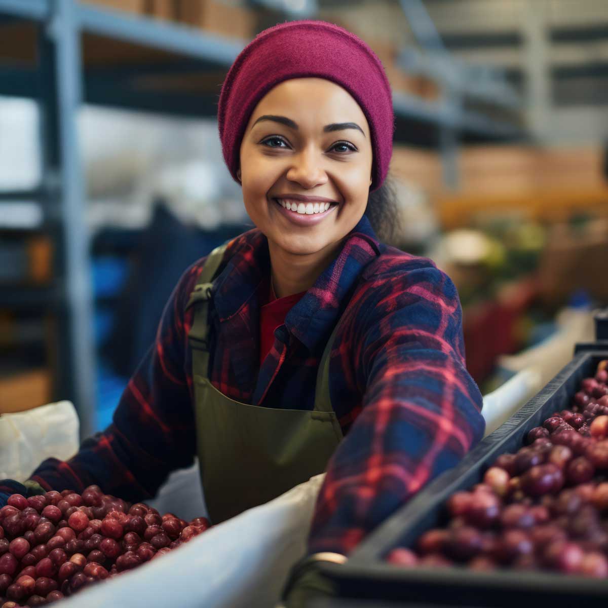 Smiling woman worker sorting fruit in factory